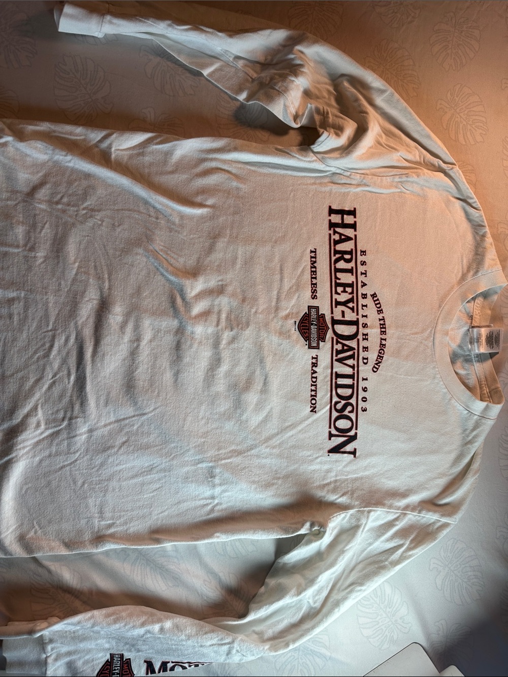 Harley-Davidson White Long Sleeve Tee with Maroon Logo and Shield